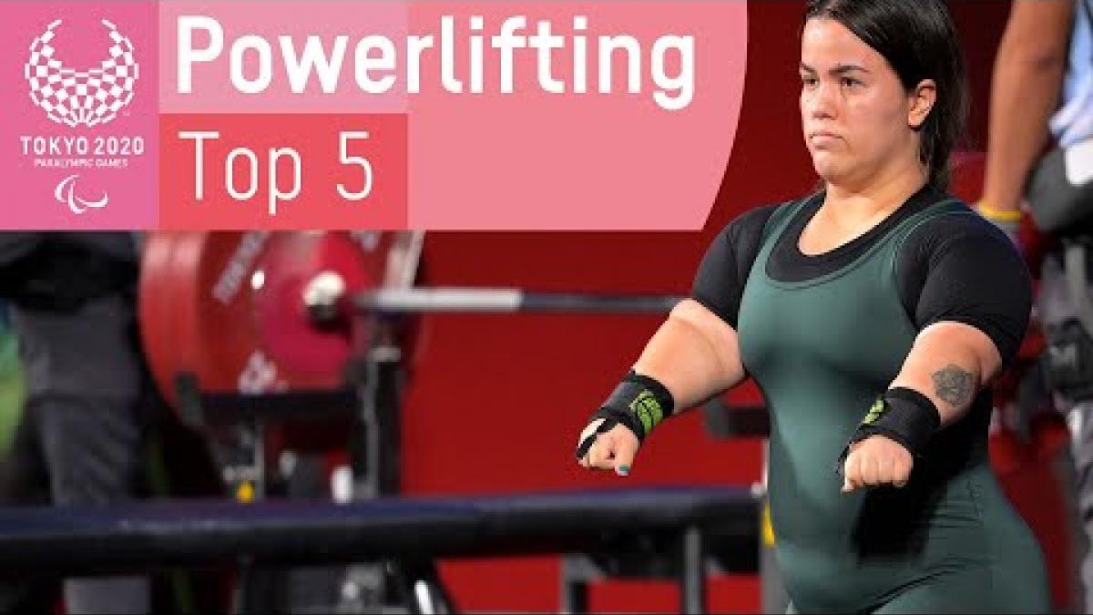 Video thumbnail of the Tokyo 2020 Paralympic Games Powerlifting top 5 highlights with a female Para powerlifter on the FOP.