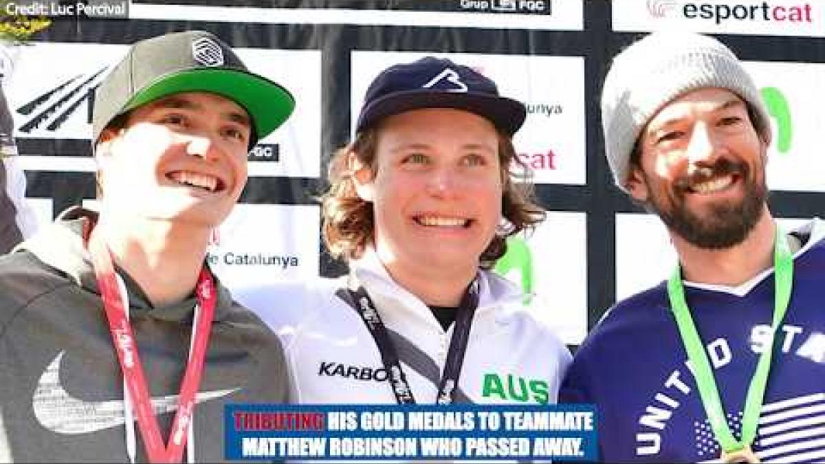Video Thumbnail of a World Para snowboarding recap, featuring three Para snowboarding athletes and with text "Tributing his gold medals to teammate Matthew Robinson who passed away".