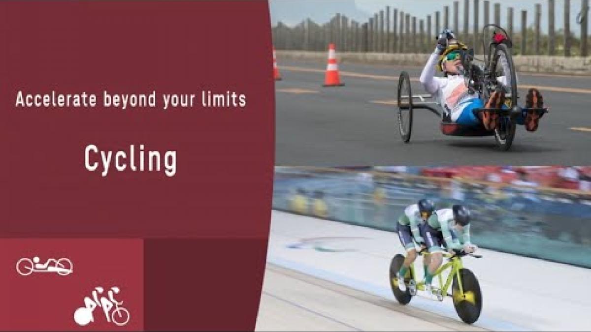 Video Thumbnail of three Para cyclists in action and text &quot;Accelerate beyond your limits Cycling&quot;. 
