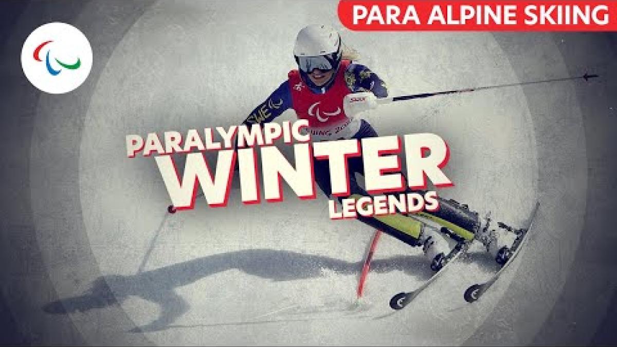 Athlete profile video of Ebba Aarsjoe - video thumbnail shows female Para alpine skier and text "Paralympic Winter Legends" 