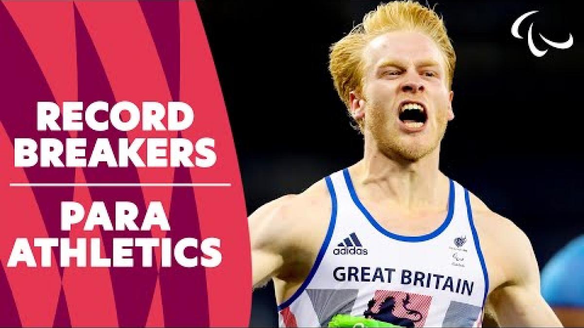 Video Thumbnail with a male Para athlete in action and text &quot;Record Breakers | Para Athletics&quot;.
