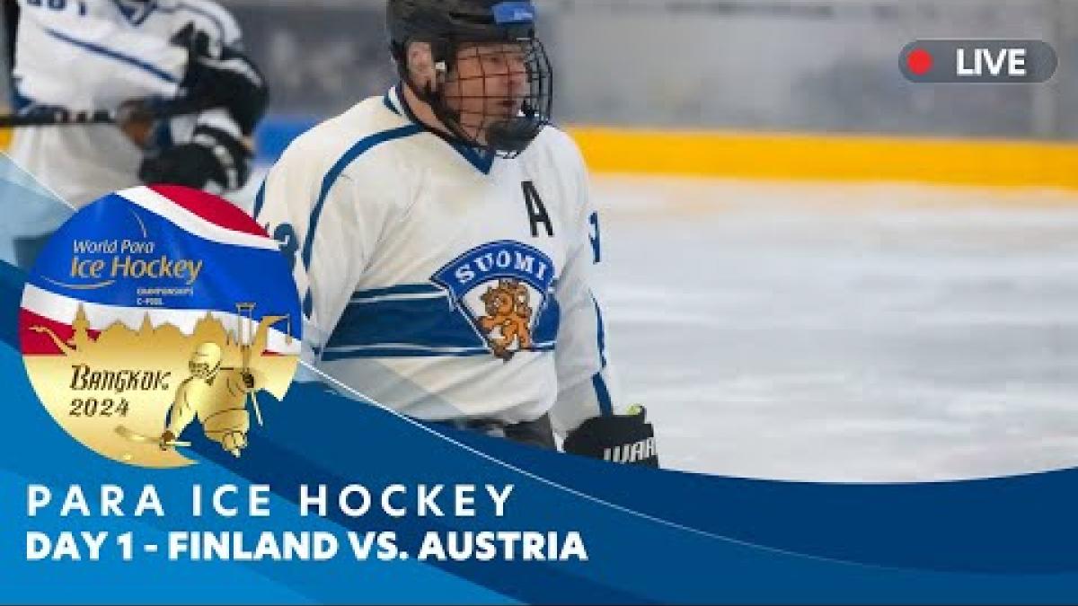 Video Thumbnail with a Para ice hockey athlete in action and text "Para ice hockey Bangkok 2024 Day 1 - Finland vs Austria."