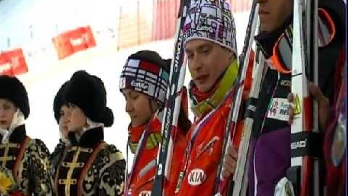 Men's downhill sitting  (1) and medals ceremony - 2013 IPC Alpine Skiing World Cup Finals Scohi