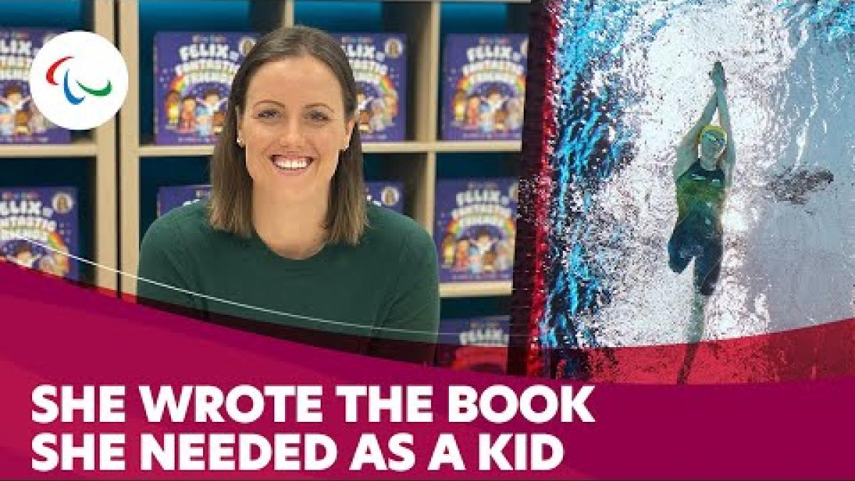 Thumbnail shows Paralympic swimmer Ellie Cole smiling in front of the children's book she wrote