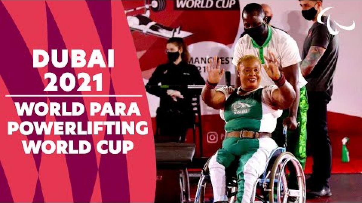 Video thumbnail of the World Para Powerlifting World Cup in Dubai 2021 with a female  Para powerlifting athlete on the FOP. 