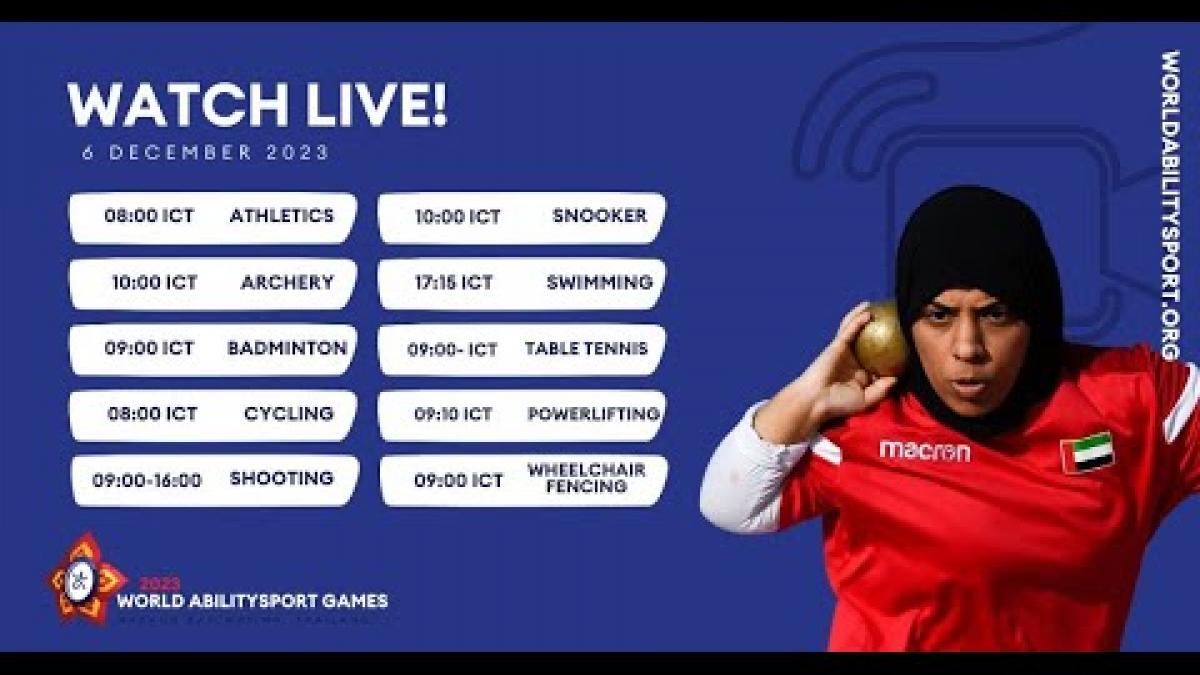 Video Thumbnail about the powerlifting livestream, with a female Para athlete to the right of the daily competition schedule and text &quot;Watch live! 6 December 2023&quot;.  