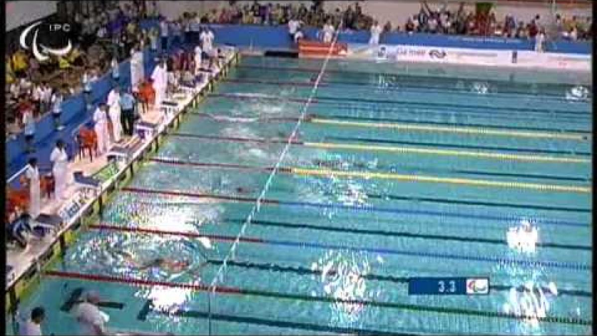 Mexico's Arnulfo Castorena winning gold in the Men's 50m Breaststroke SB2 event