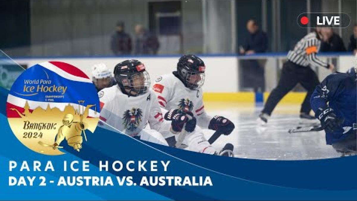 Video Thumbnail of a Para ice hockey athlete in action and text "Para ice hockey Bangkok 2024 Day 2 - Austria vs Australia."