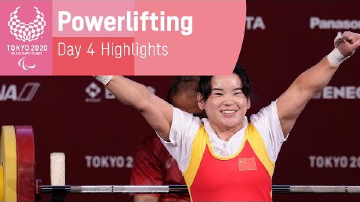 Video thumbnail of the Tokyo 2020 Paralympic Games Powerlifting day 4 highlights with a female Para powerlifter celebrating.