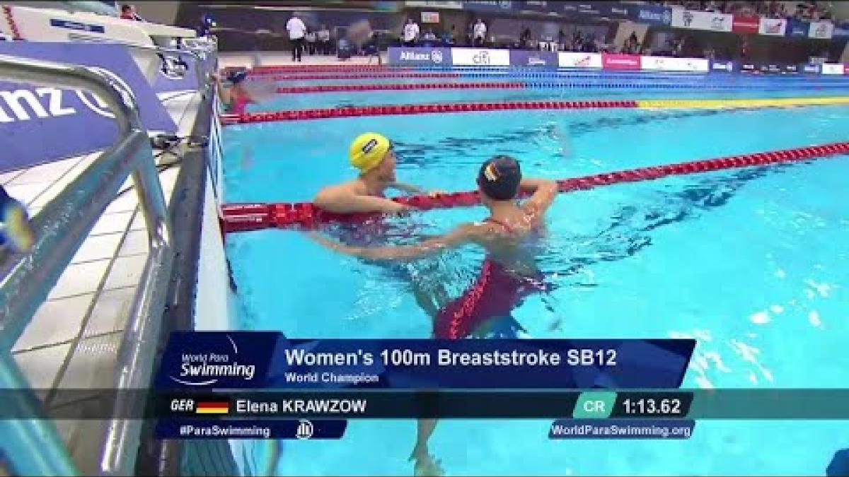 Video Thumbnail about the Women&#039;s 100m Breastroke SB12 Final | London 2019 with two female para athelete on the FOP. 