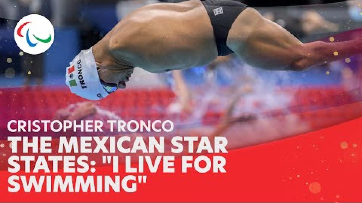 The video features Christopher Tronco, a Para swimmer from Mexico. The thumbnail shows Tronco, who was born without arms, jumping into the pool.