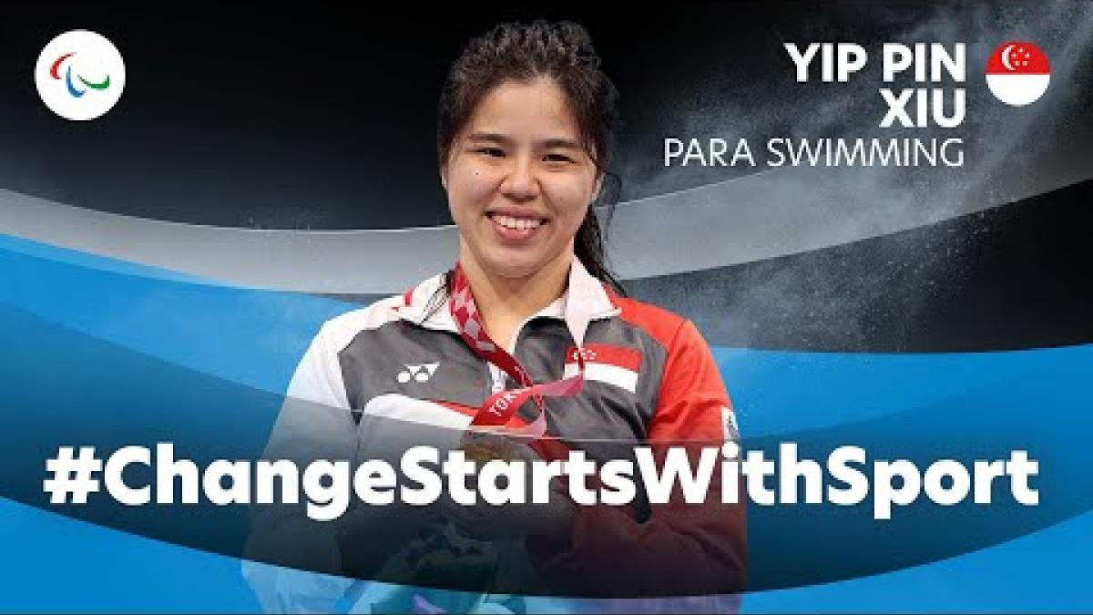 The thumbnail of a video about Yip Pin Xiu. The image features her smiling with a Tokyo 2020 gold medal around her neck.