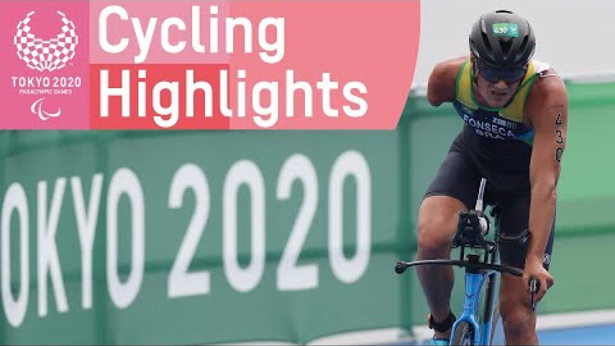 Video thumbnail of male Para cylcing athlete in action and text &quot;Tokyo 2020 Paralympic Games Cycling Highlights&quot;. 