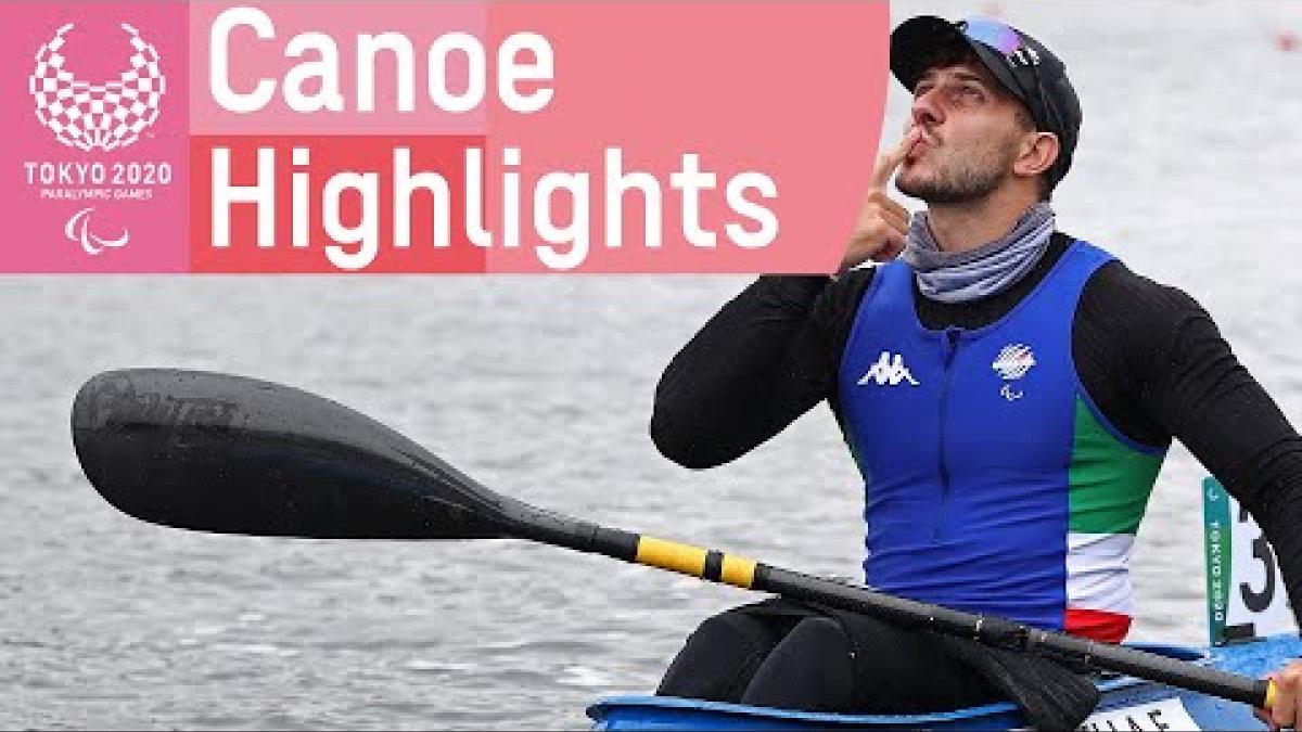 Video Thumbnail with the a male Para canoe athlete and text, &quot;Tokyo 2020 canoe highlights&quot;.