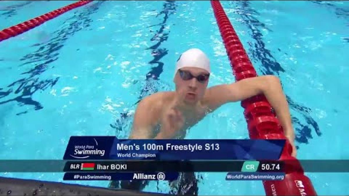 Video Thumbnail about the men&#039;s 100m IM freestyle S13 final London 2019 with a male Para swimmer celebrating. 