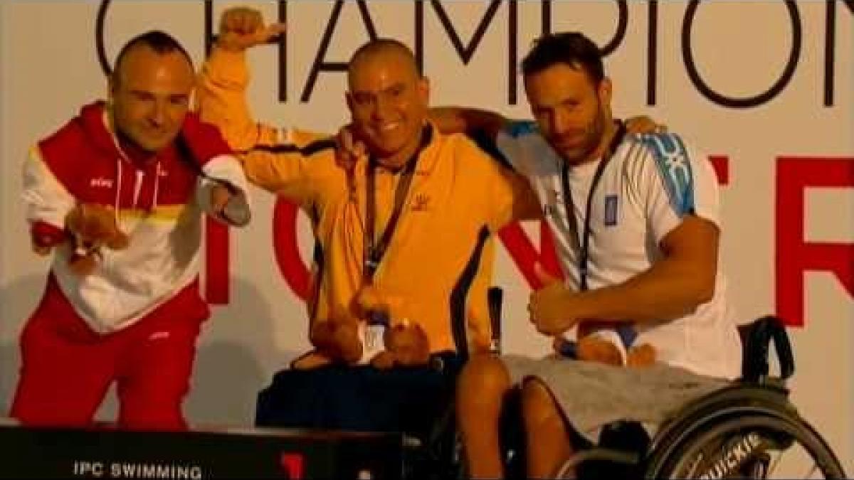 Swimming - medal ceremony men's 100m breaststroke SB4  - 2013 IPC Swimming Worlds