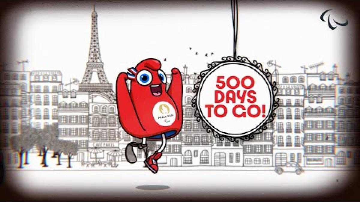 An animated video showing the Phryges mascots counting down 500 days to go to Paris 2024