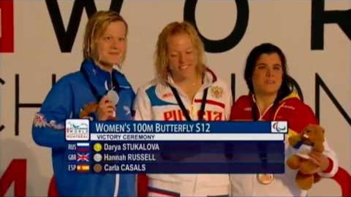 Swimming - medal ceremony women's 100m butterfly S12 - 2013 IPC Swimming Worlds